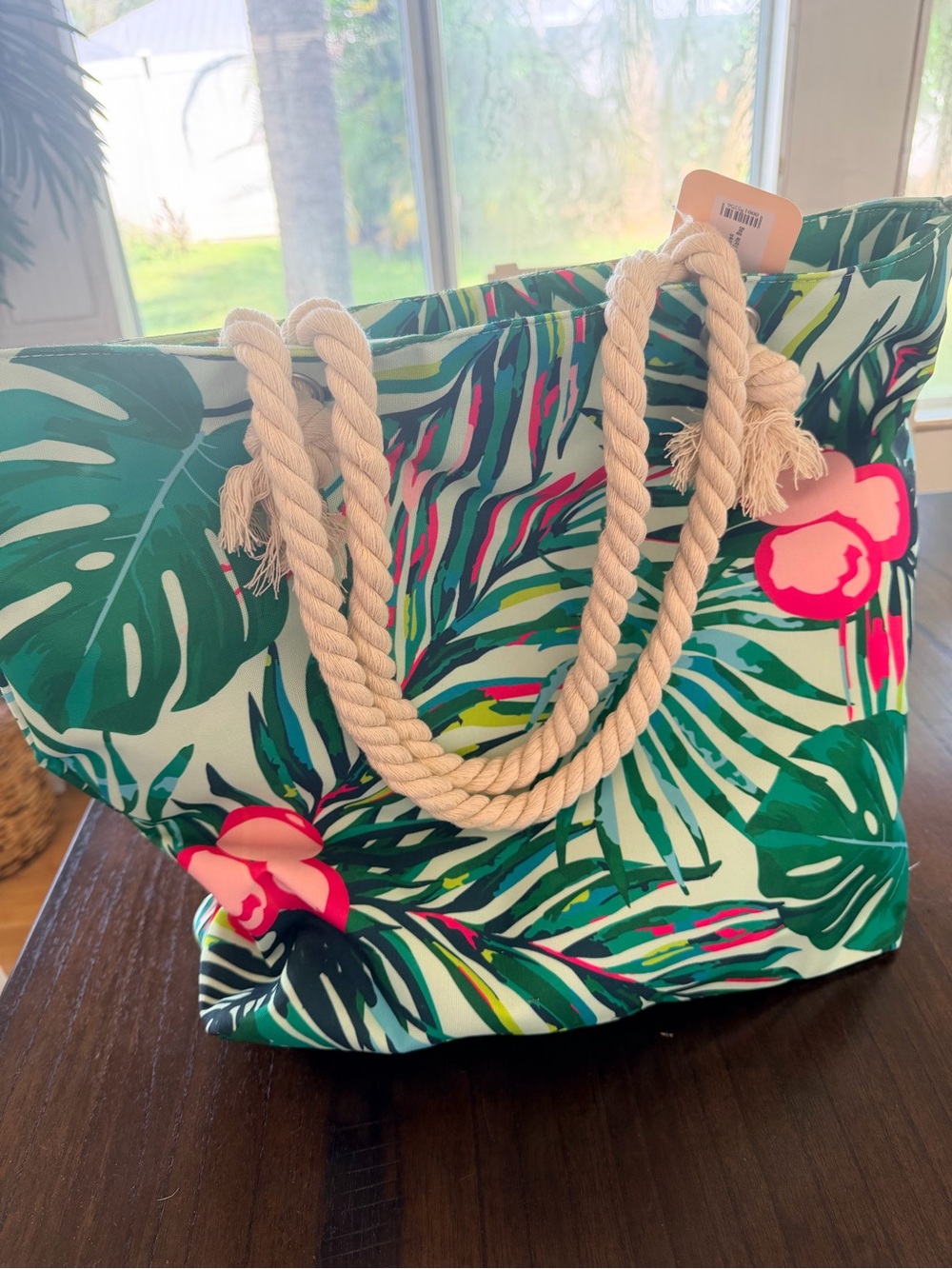 Tropical Leaf Canvas Tote Bag with Rope Handles - Green